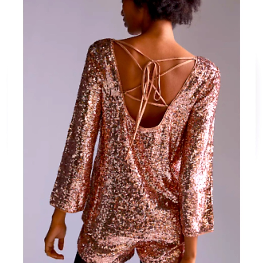Anthropologie Pink Sequins Tie Back 3/4 Sleeves Top Shorts Set